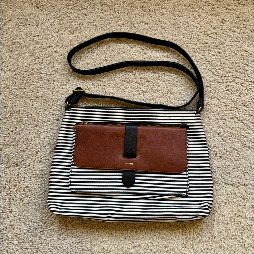Fossil Kinley Black and White Striped Cross Body Bag